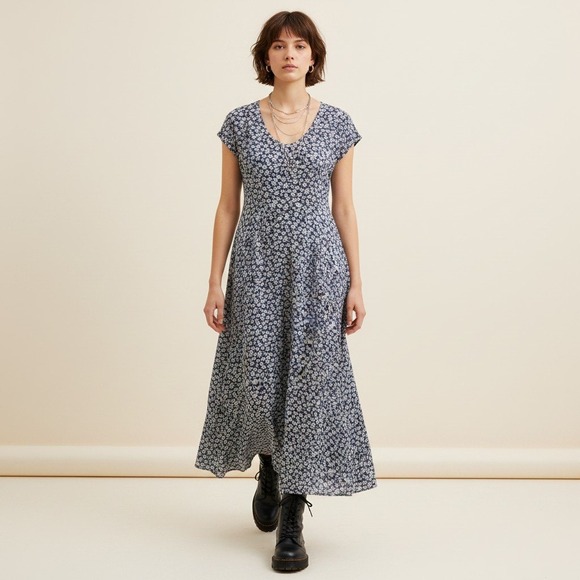 All that Jazz Dresses & Skirts - Vintage All That Jazz Navy Blue Floral Daisy Midi Dress 9 / 10 90s USA Grunge